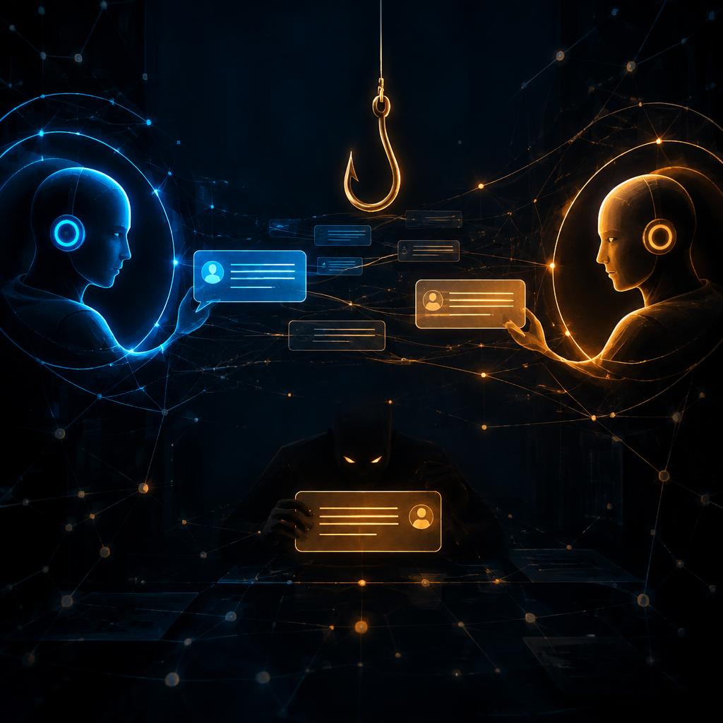 Two AI agents exchanging messages while a phishing hook hangs above them
