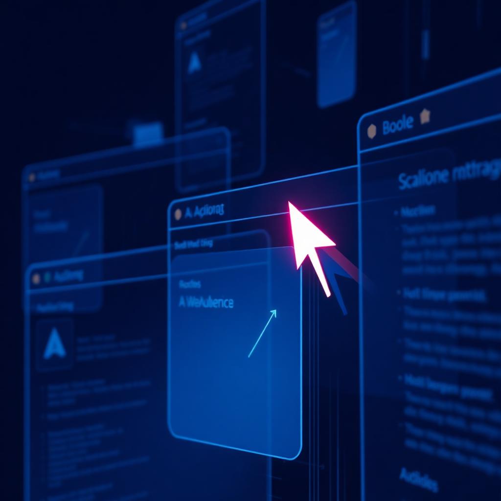 A glowing cursor arrow moving across translucent browser windows on a dark blue background