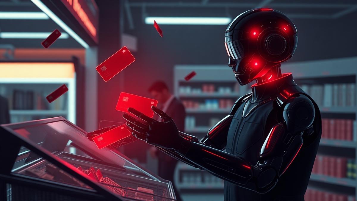 A robotic figure completing a checkout with floating payment cards, one glowing red