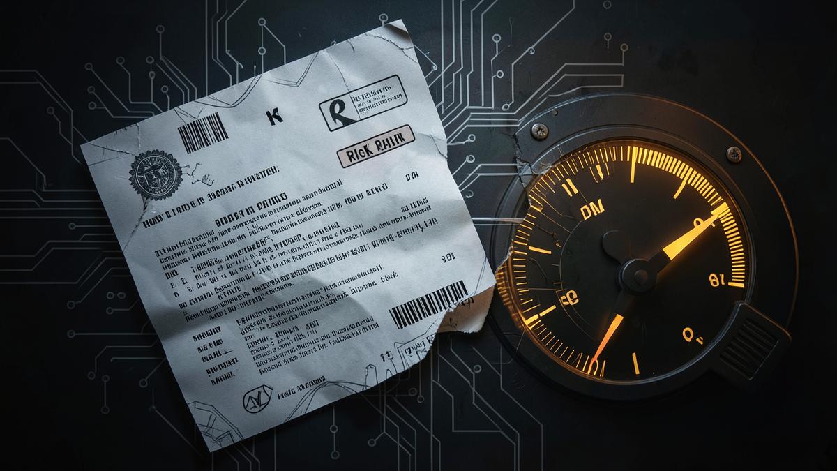 An insurance document beside a glowing risk gauge on a circuit background