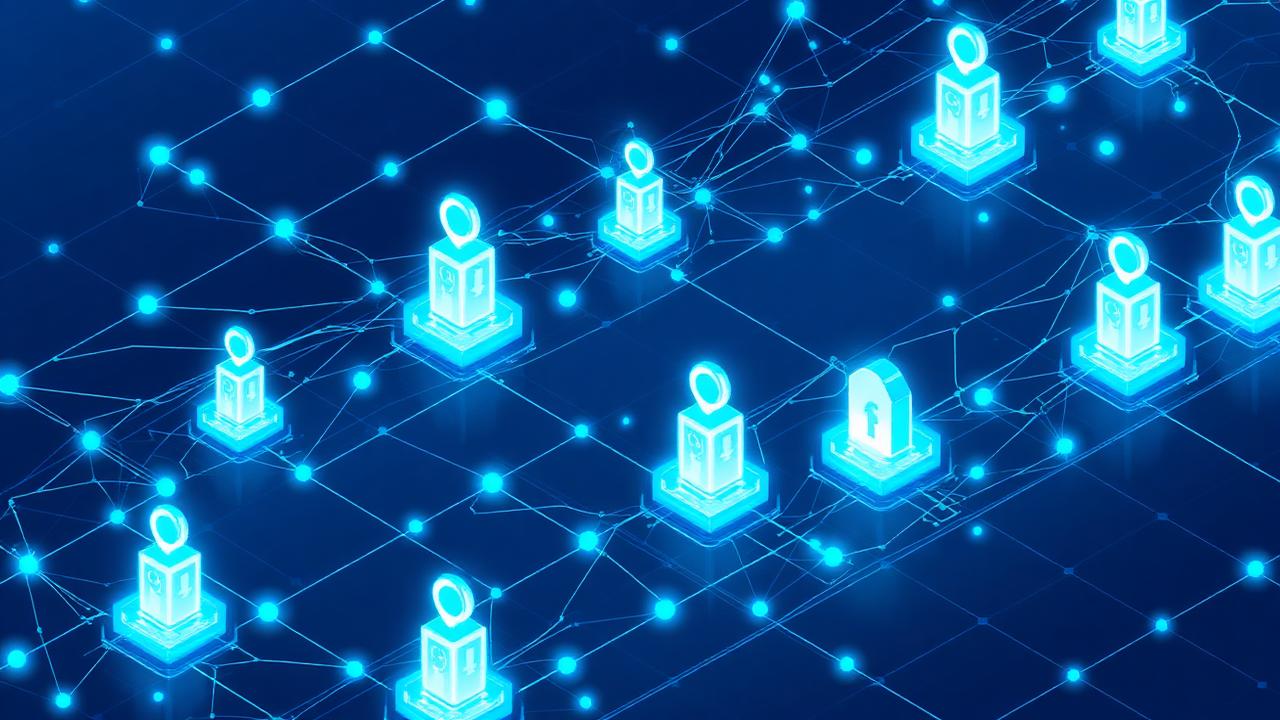 Isometric network of glowing agent identity nodes connected by data links
