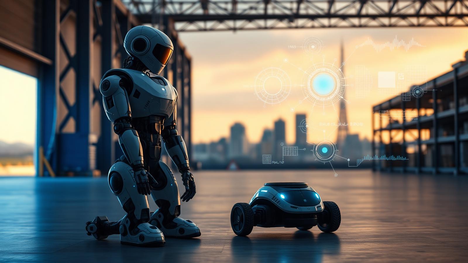 Humanoid robot and autonomous mobile robot on a warehouse floor with San Francisco skyline