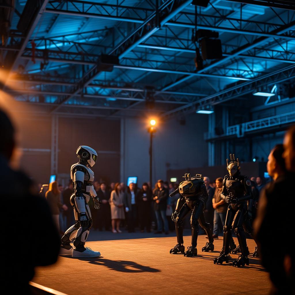 Humanoid and quadruped robots on a demo stage at The Midway in San Francisco under warm spotlights