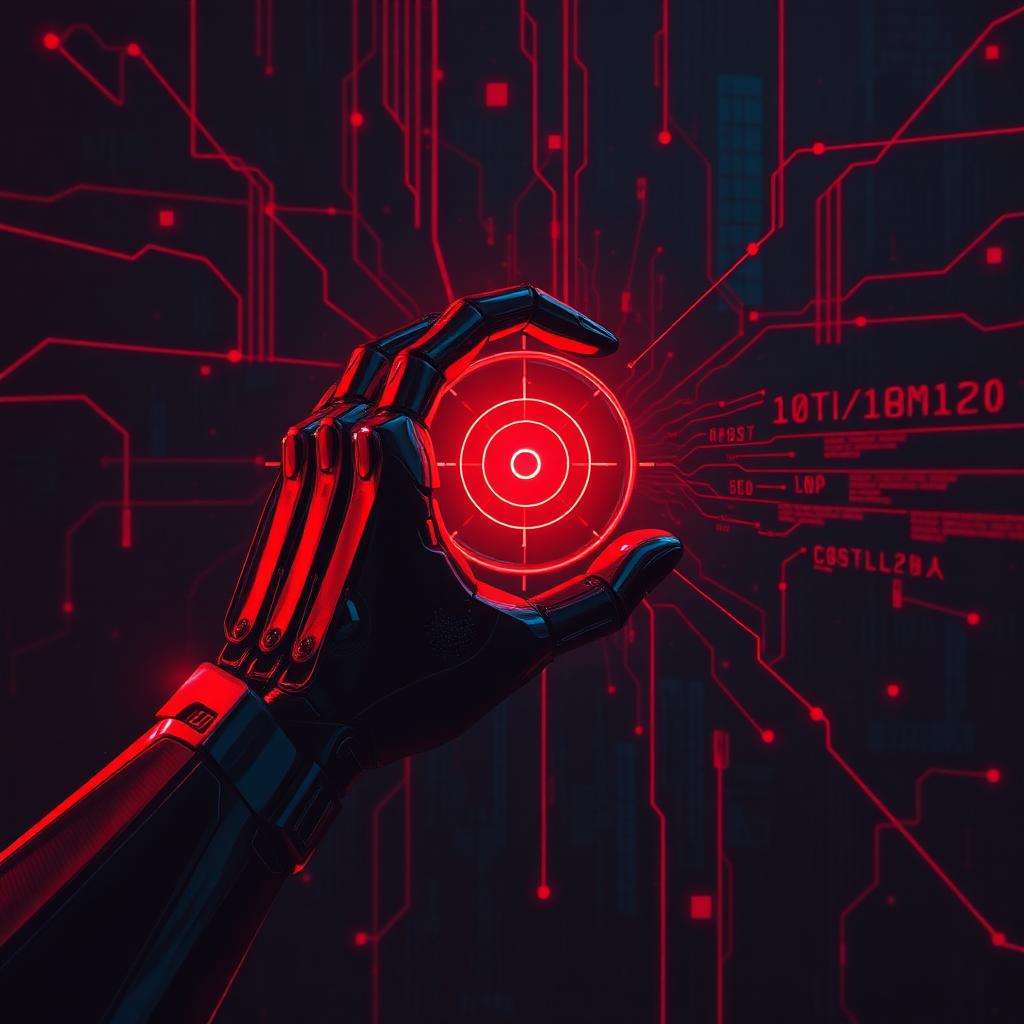 Robotic hand holding a glowing red targeting reticle over a circuit-board background