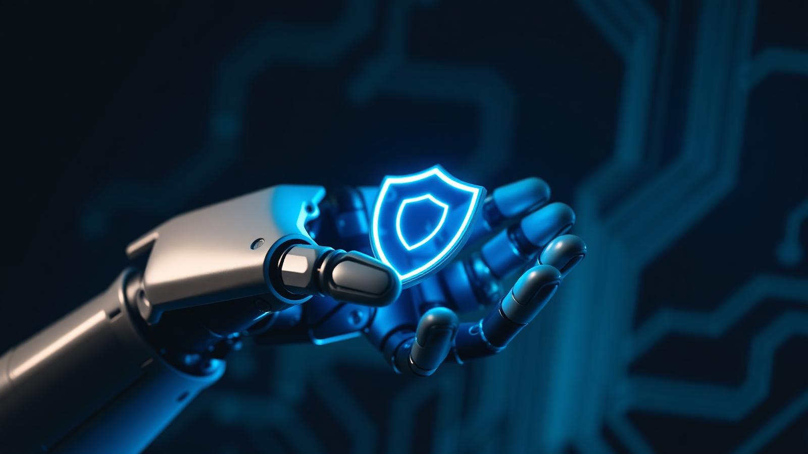 Robotic hand cradling a glowing security shield