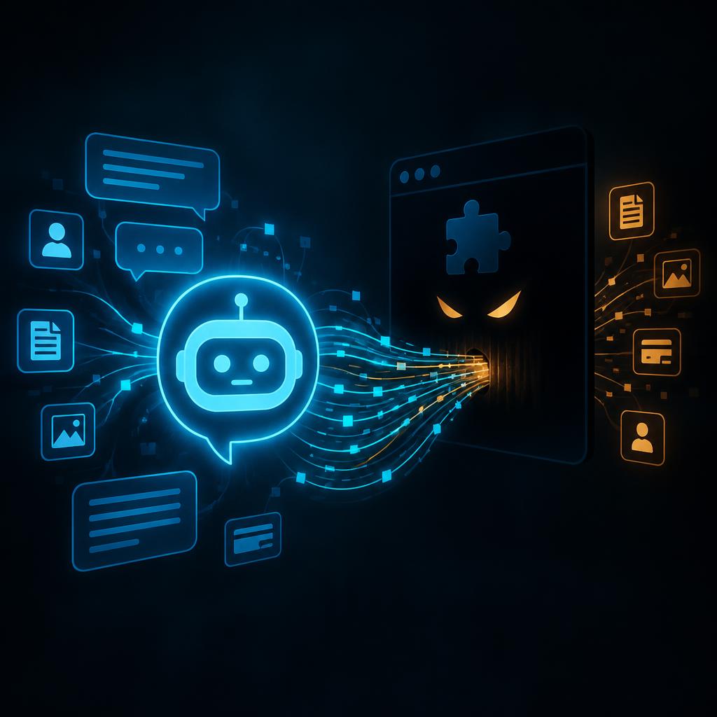 A glowing AI chatbot bubble being siphoned by a shadowy browser extension silhouette