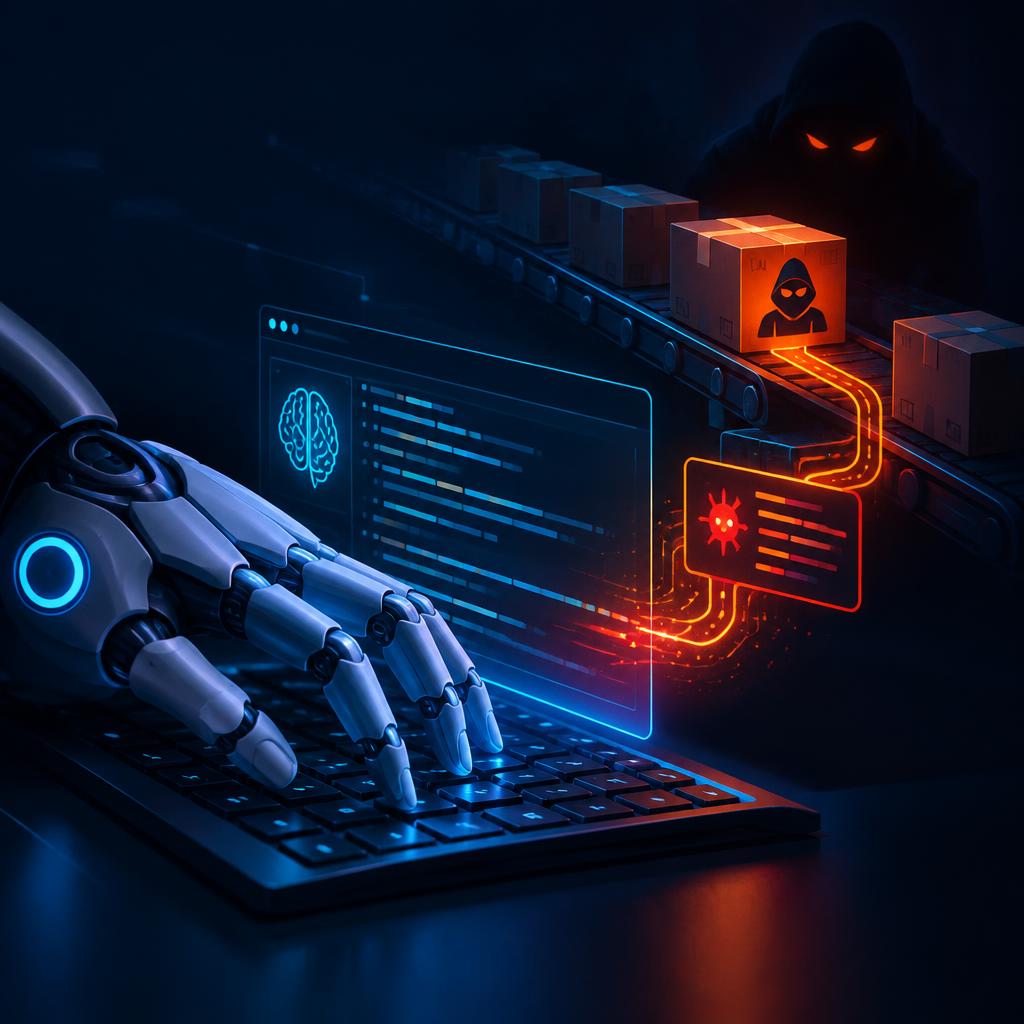 A robotic hand typing code while a hidden supply-chain package injects a payload