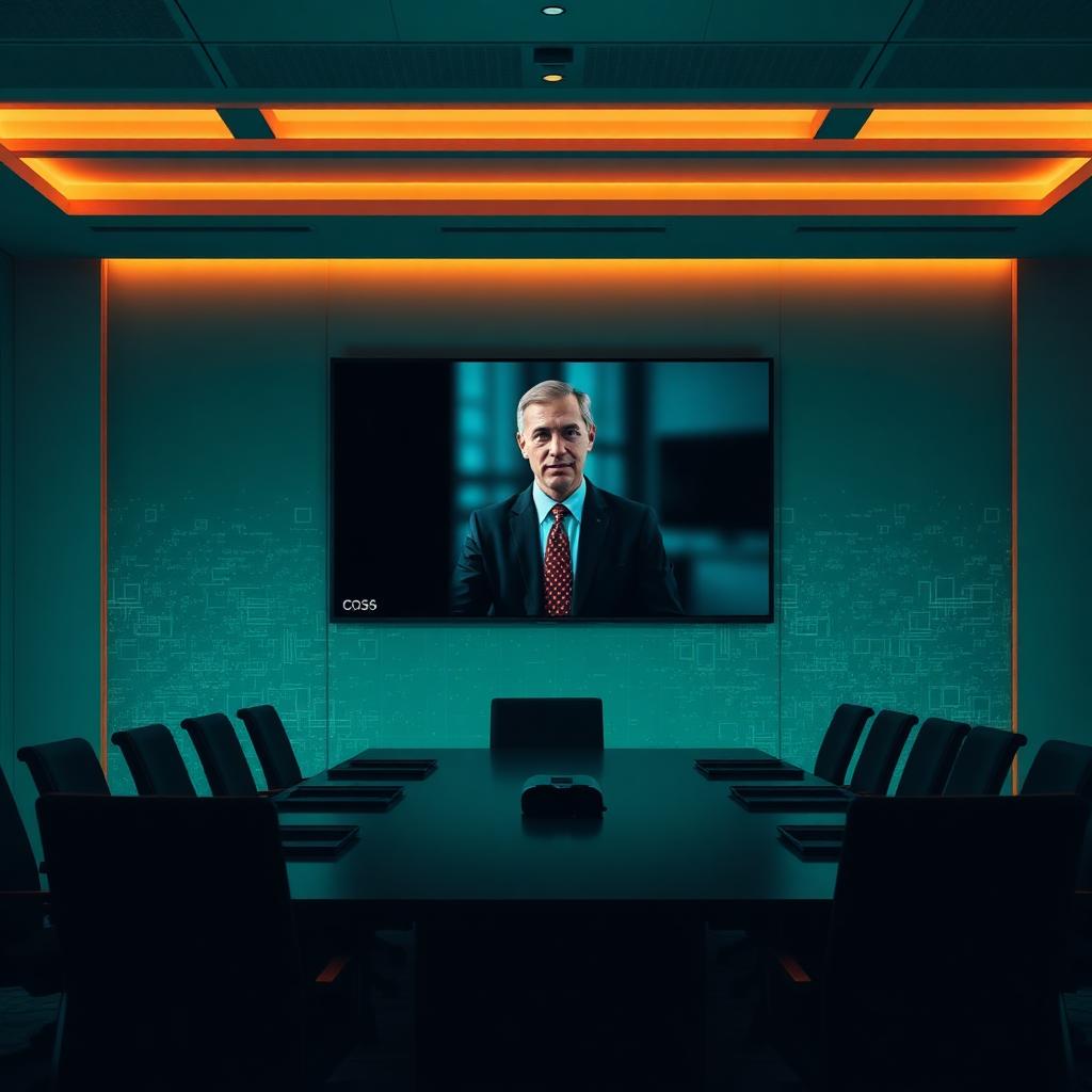 Empty corporate boardroom with a large screen showing an executive on a video call in teal and amber light