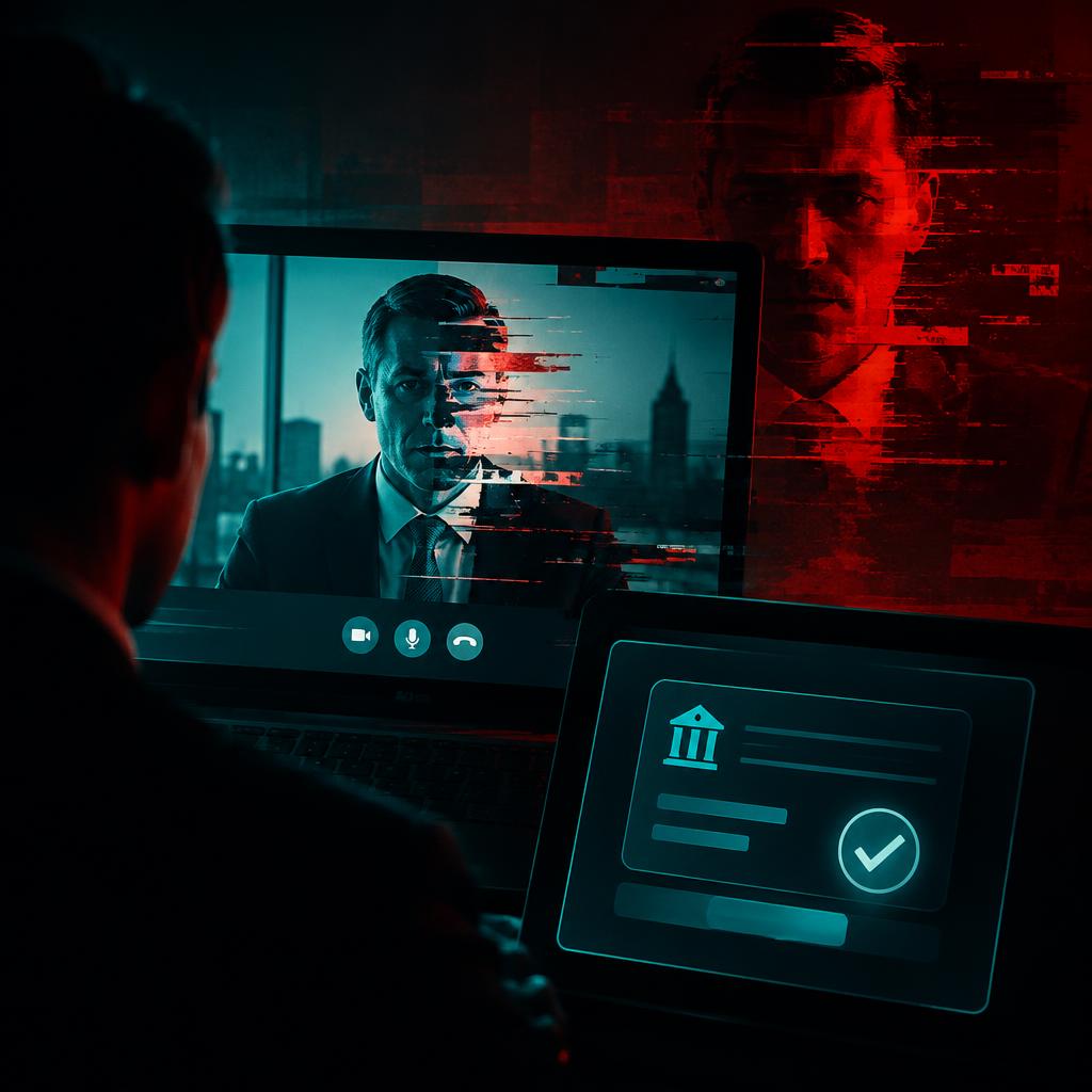 A video call with a glitching executive face next to a payment approval screen