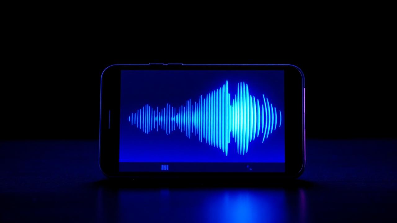 Smartphone displaying a glowing blue voice waveform in a dark room