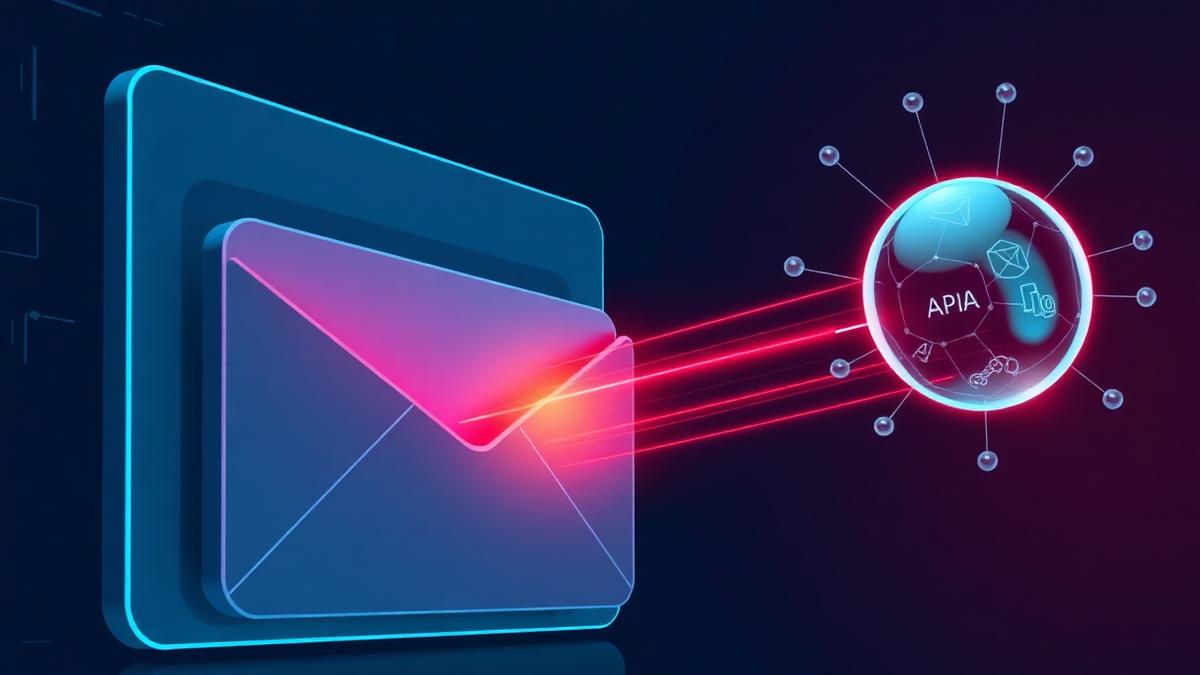 An inbox with one glowing red message sending instruction threads into an AI assistant orb