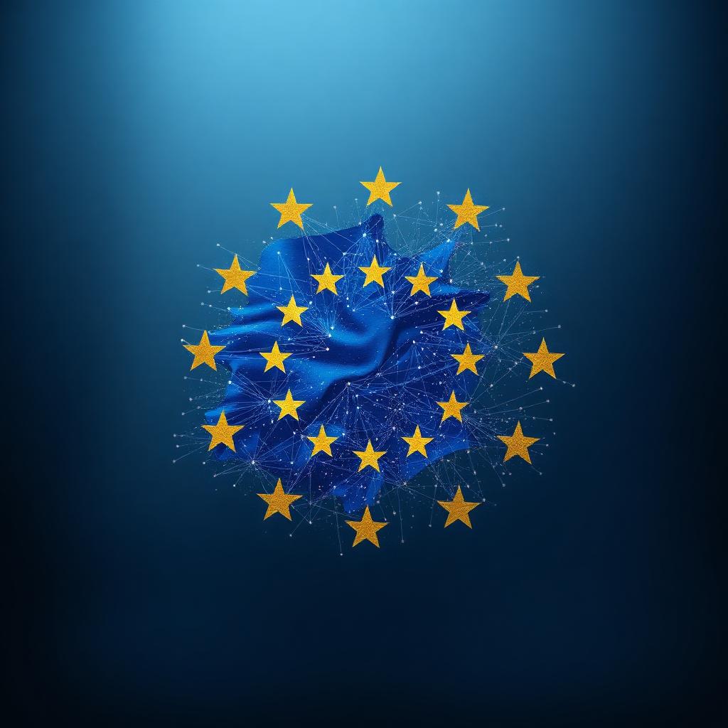 EU flag stars arranged around a stylized neural-network graph on a deep blue background