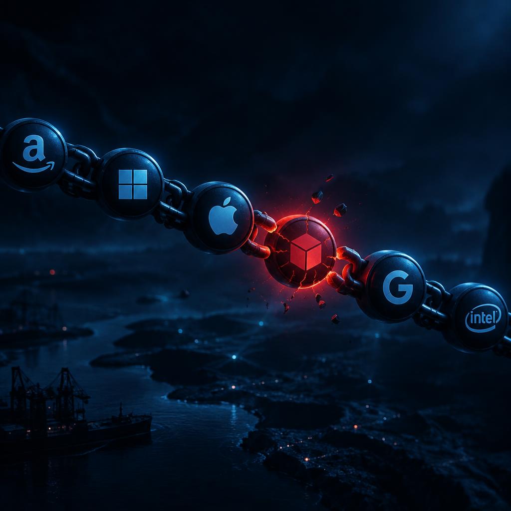 A chain of vendor nodes with one cracking red weak link in the middle