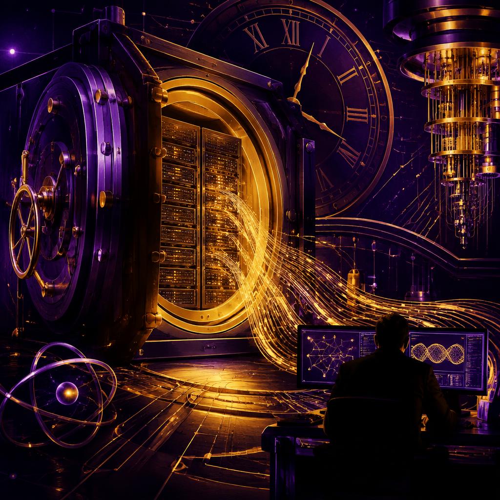 A vault of encrypted data with a clock and quantum computer, data streams flowing out
