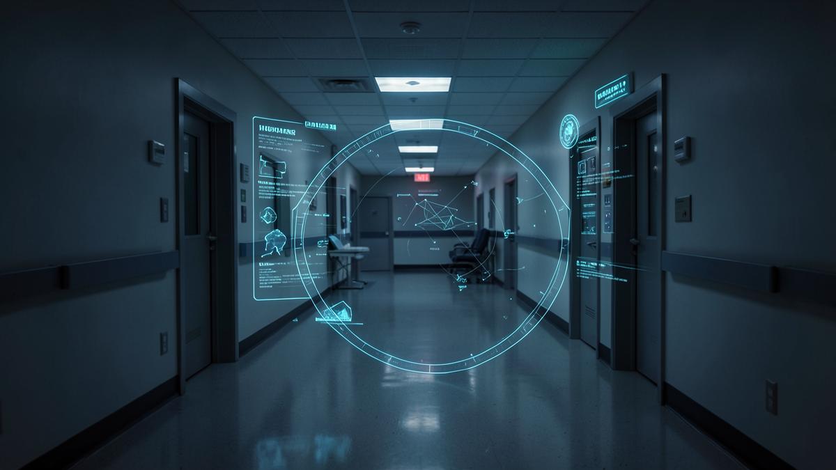 A hospital corridor with a holographic clinical AI overlay