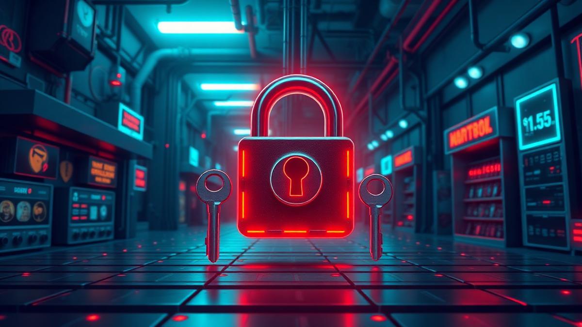An underground digital marketplace of glowing keys unlocking a neural padlock