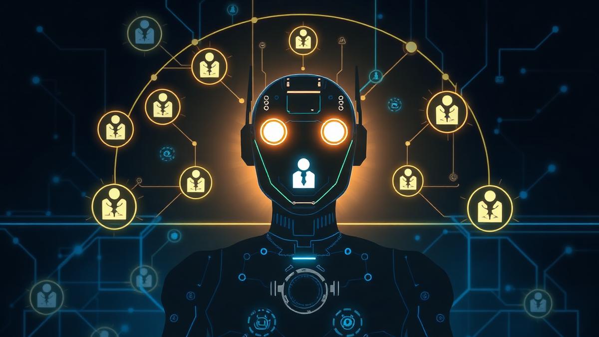 Identity badges and API keys orbiting a glowing robot silhouette on an identity graph