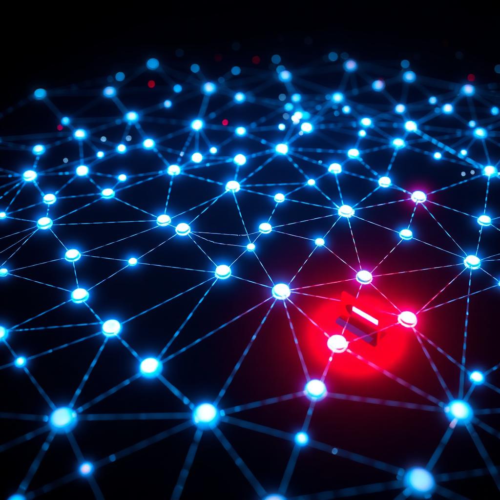A dense mesh of glowing blue server nodes with one node highlighted red as compromised