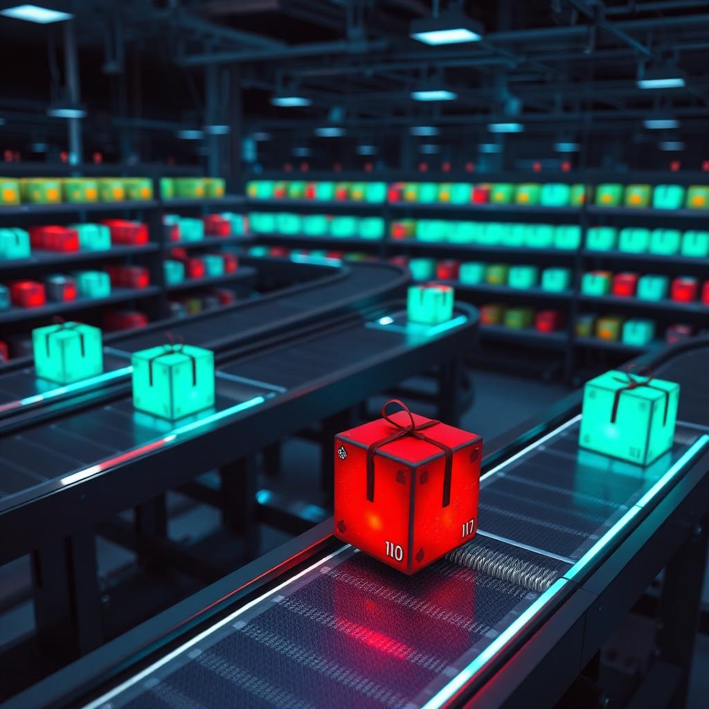 Conveyor belt of glowing green model artifact cubes with one red poisoned artifact moving through a dark factory