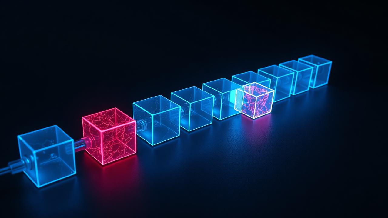 A chain of glowing blue cubes with one corrupted red cube in the sequence
