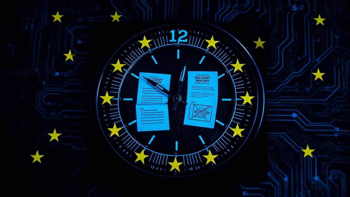 A clock face made of incident report forms surrounded by EU stars on a circuit background