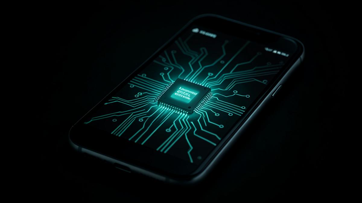A glowing language model chip inside a smartphone