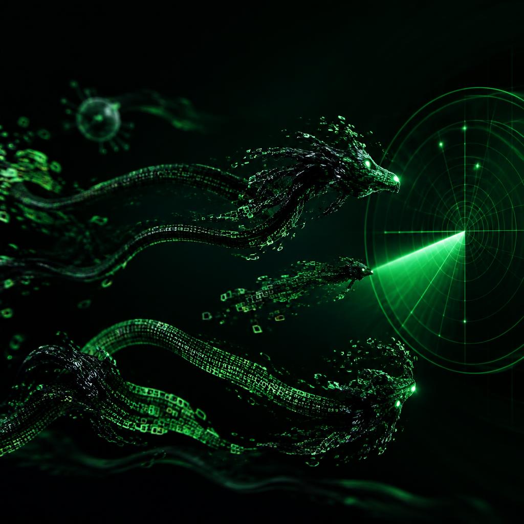 Shape-shifting malware strands evading a green detection radar beam