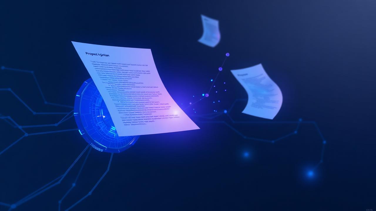 Documents with embedded code fragments feeding into a glowing neural node