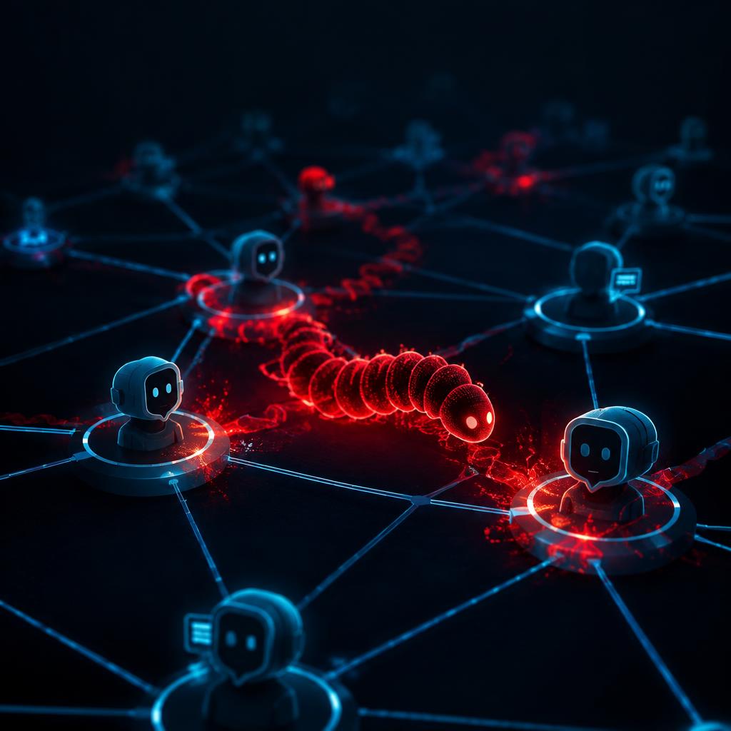 A red worm-like payload propagating across a network of AI assistant nodes