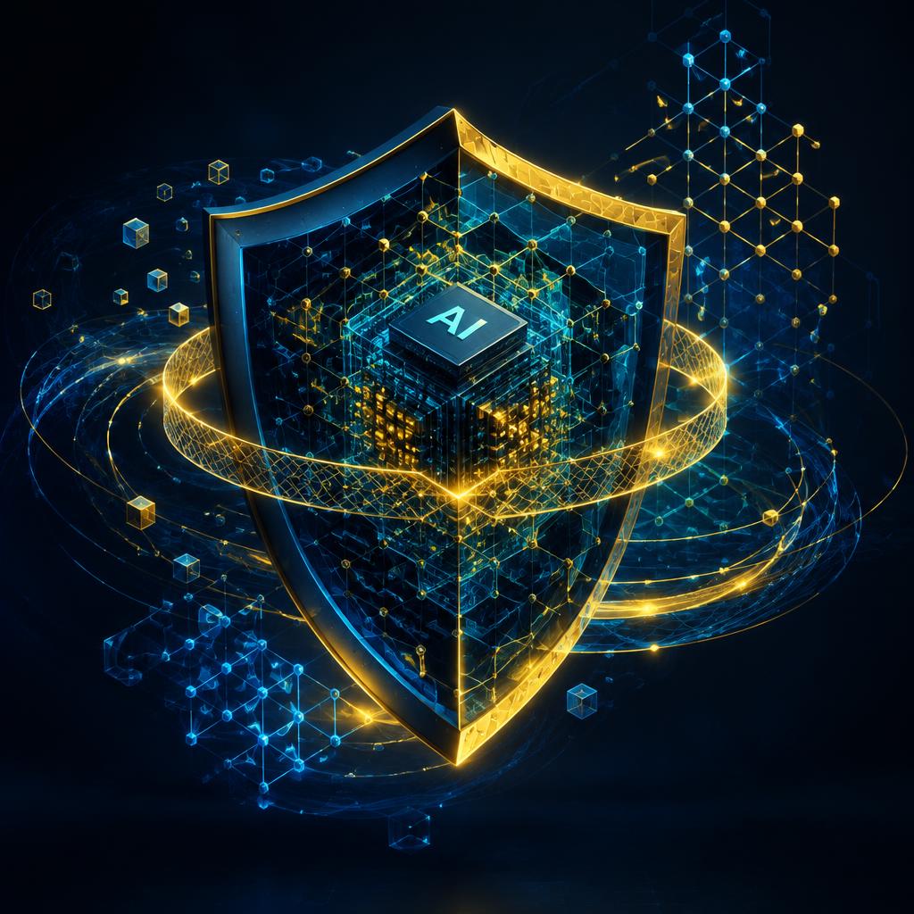 A quantum-safe shield being forged around an AI model core with lattice patterns