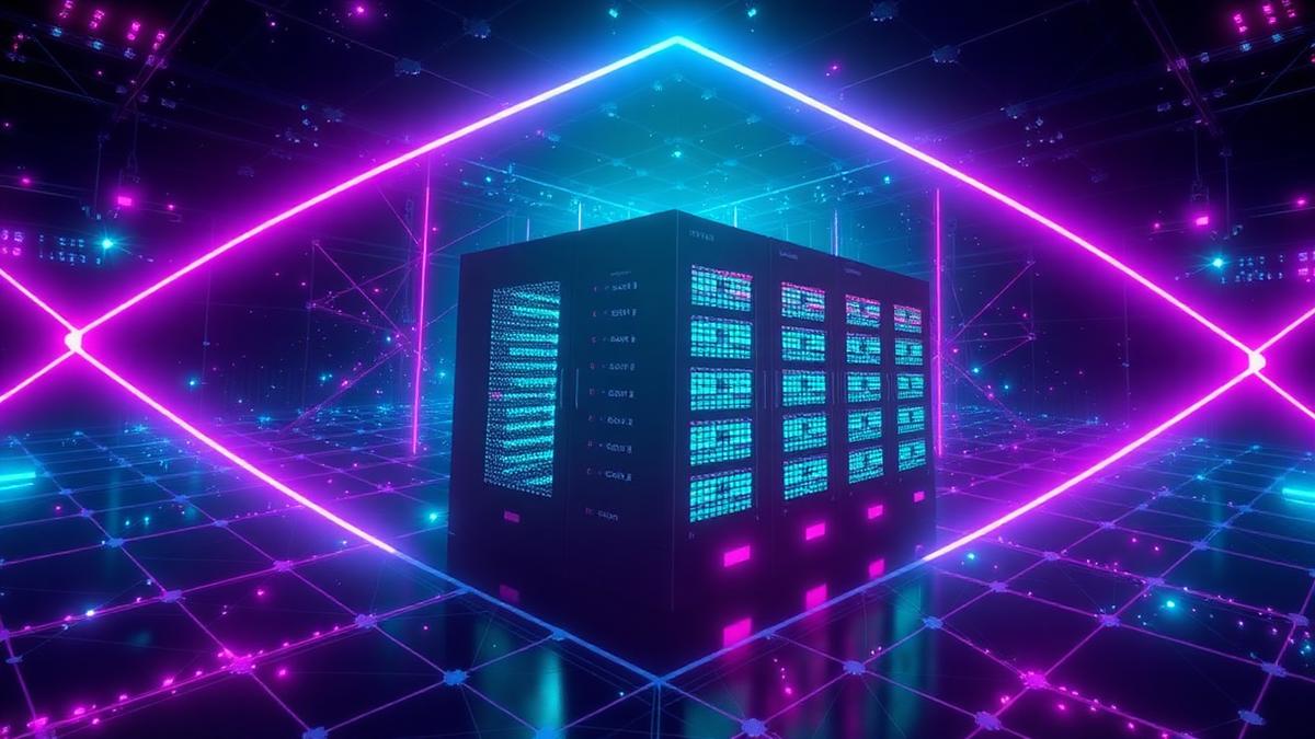 A data centre enclosed in a glowing geometric cryptographic lattice
