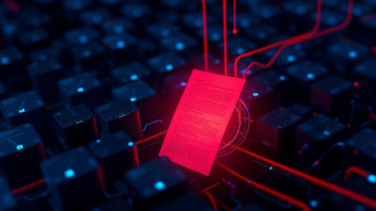 A single glowing red document among blue documents flowing into a retrieval pipeline