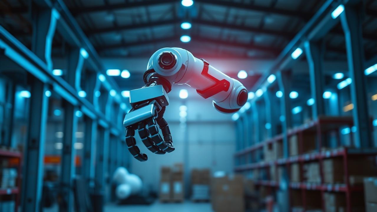 Industrial robotic arm in a warehouse lit by cool blue rim lights