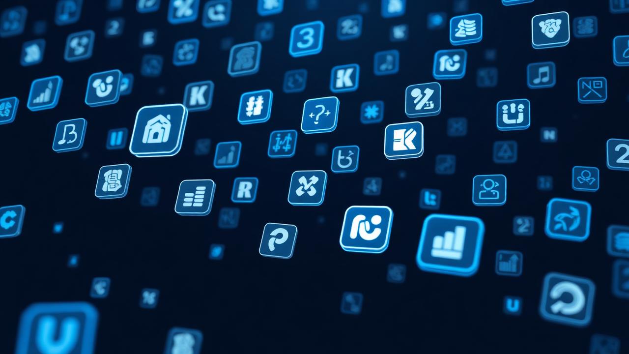 Dozens of translucent app icons floating in a dark space, some highlighted