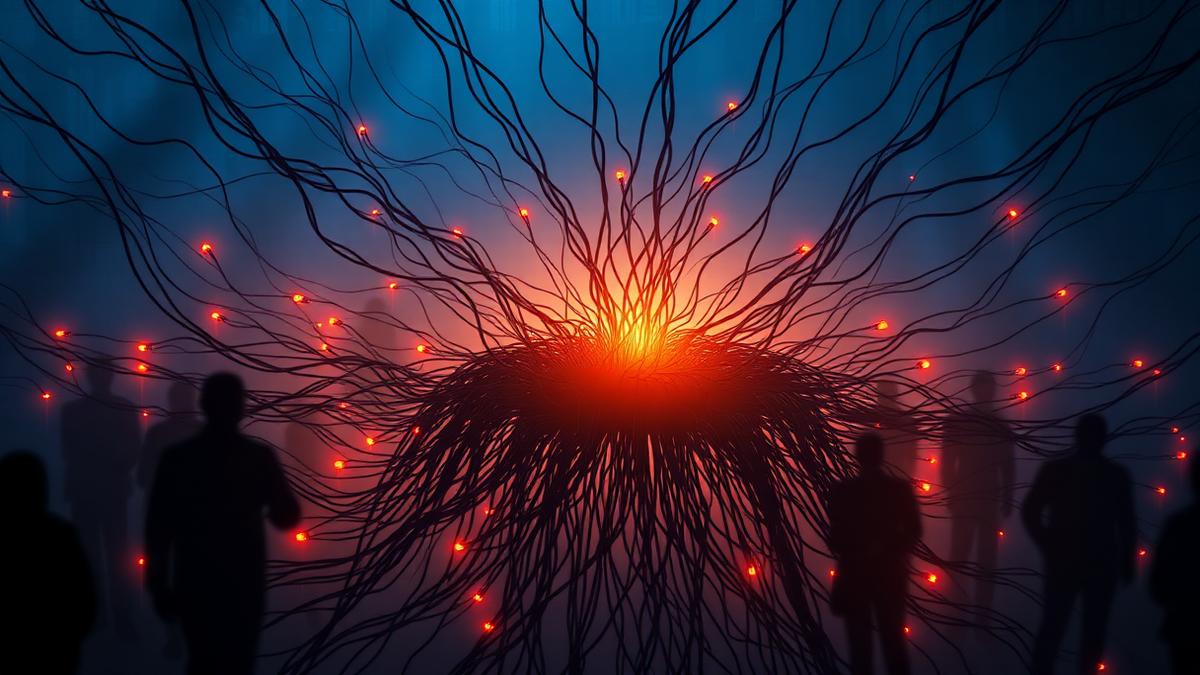 A sprawling web of connector cables plugged into a glowing core with silhouetted figures nearby