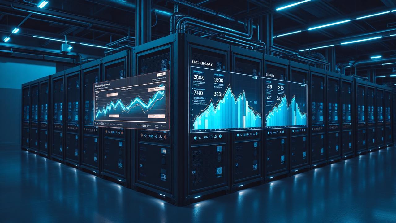 Industrial battery storage racks with an analytics overlay showing forecast curves