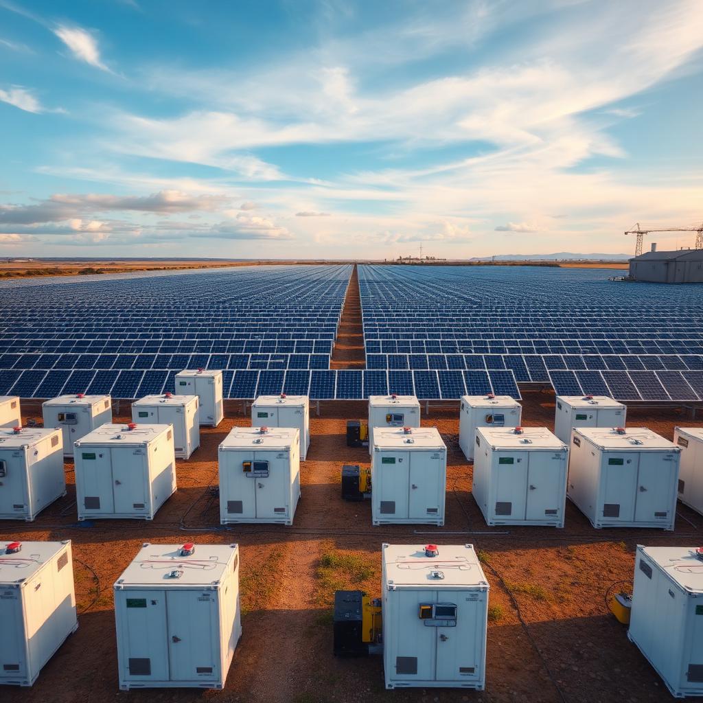 Utility-scale battery storage next to a photovoltaic field