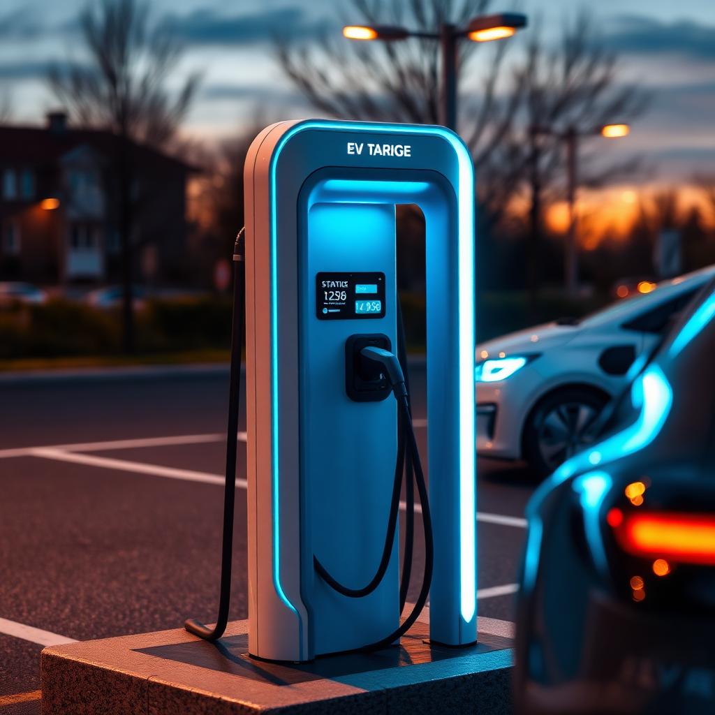 Modern EV fast-charging station at dusk with a car plugged in