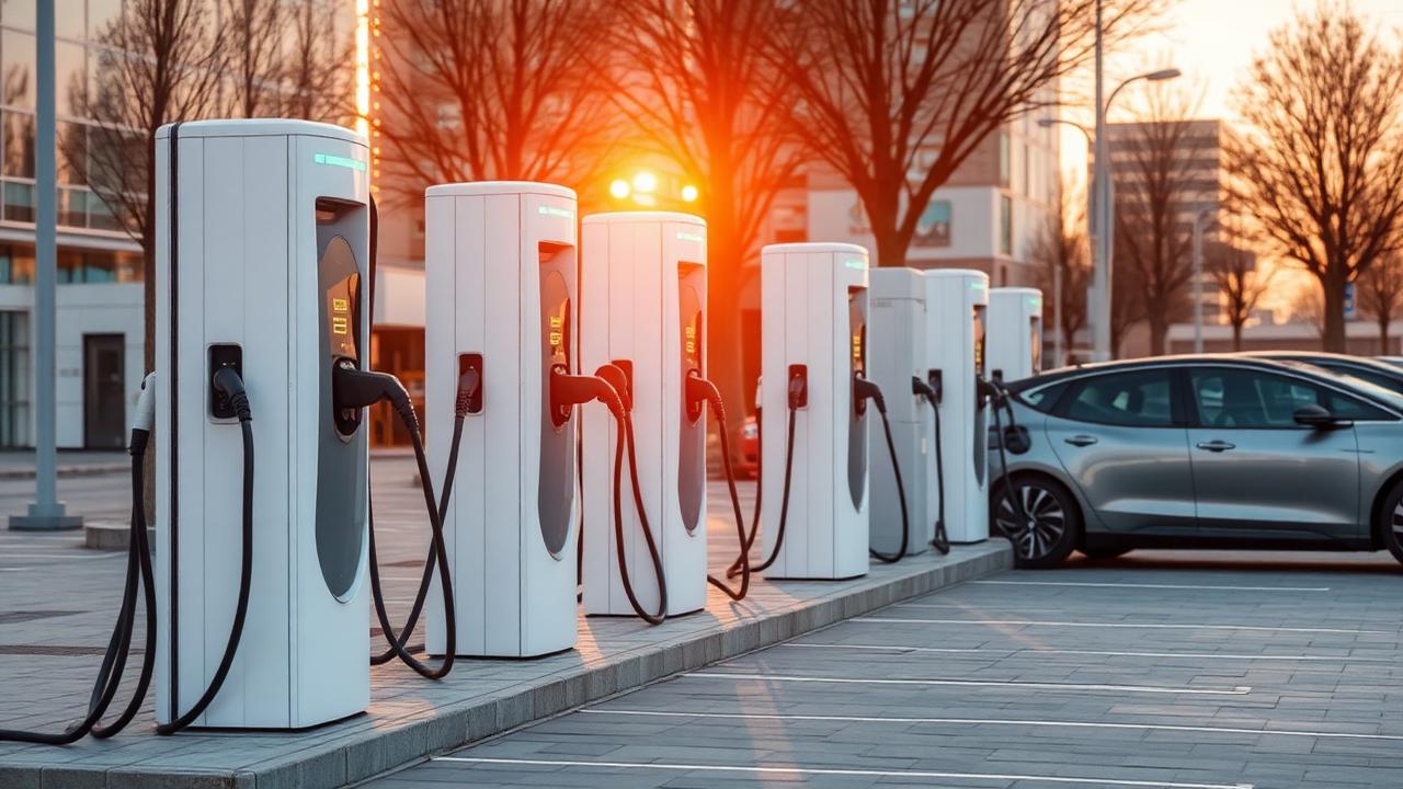 Row of white DC fast EV chargers in an urban plaza at sunset