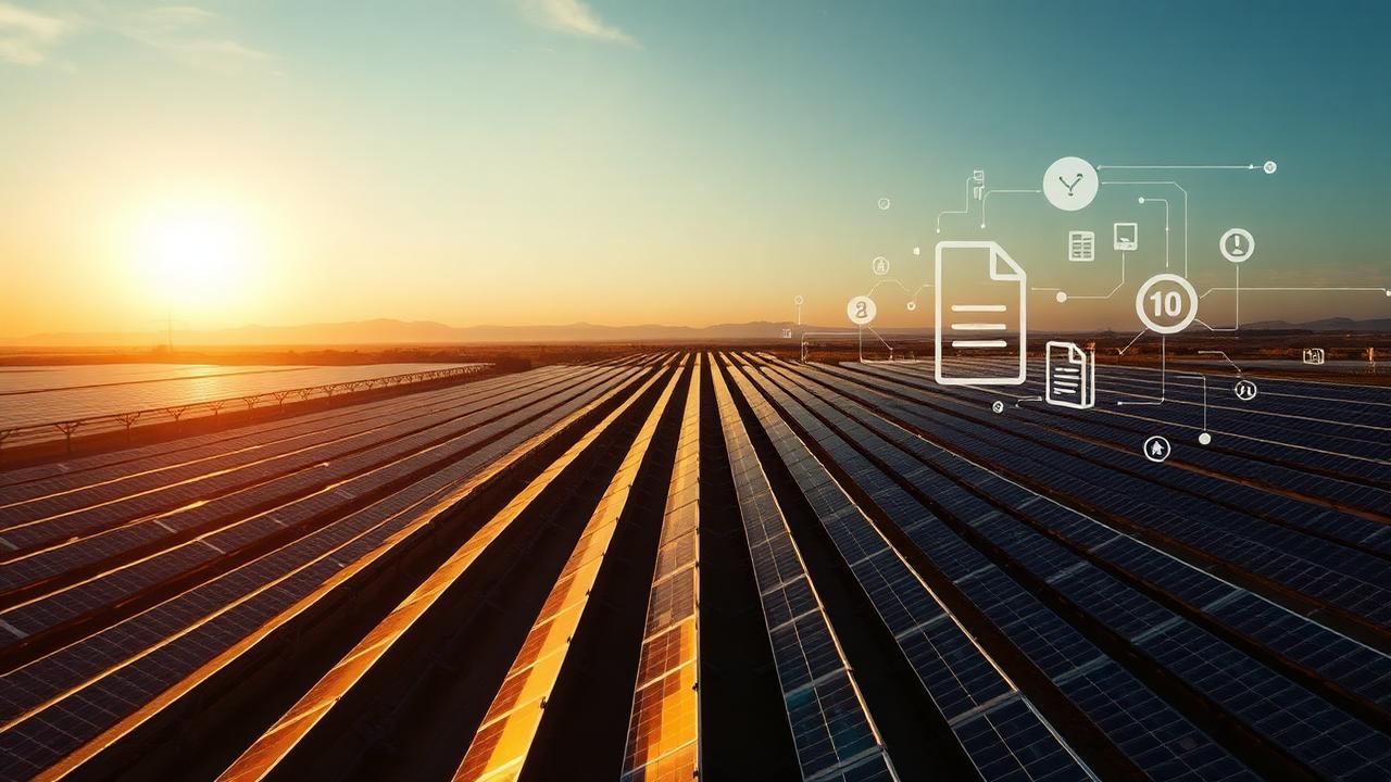 Aerial view of a large solar farm at sunrise with document icons overlaid