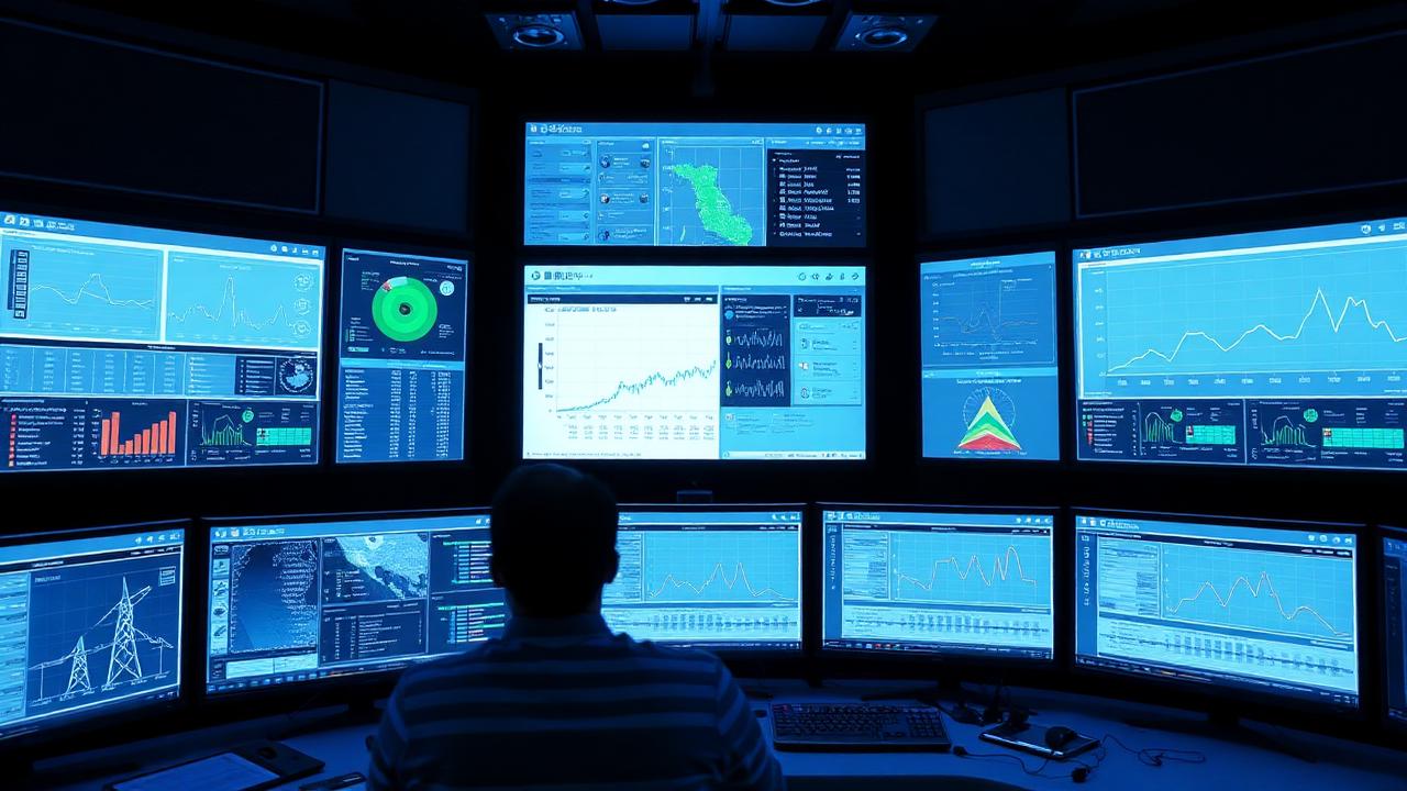 Grid operator control room with multiple large screens showing virtual power plant dashboards