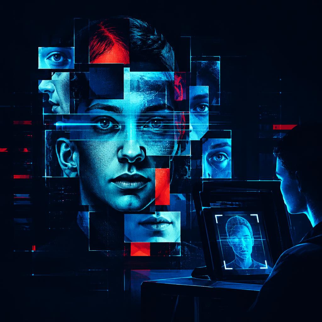 Synthetic identity faces assembling from fragments at a digital onboarding checkpoint