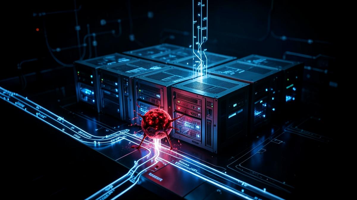 A poisoned red node inside a blue machine learning training cluster