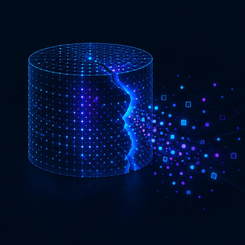 A glowing vector database lattice with a crack leaking data particles