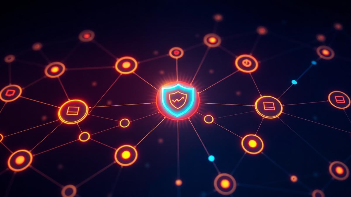A supplier network diagram with one node flagged by a glowing warning shield